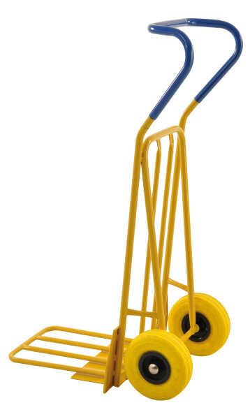 Kongamek ERGO-Handgriff Sackkarre, Räder (Ø260mm x 85mm), Stahlrohrkonstruktion gelb pulverlackiert, 250kg Tragfähigkeit, Zusammenklappbare Ladefläche