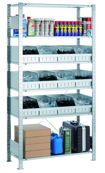 Schulte Lagertechnik Grundregal, Kleinteileregal MULTIplus150, 6 Fachböden, 3 Ebenen mit Schüttgutmulden mit je 3 Trennblechen, verzinkt