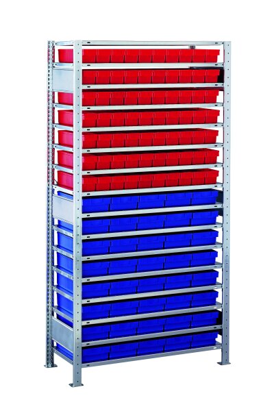 Schulte Lagertechnik Grundregal, Kleinteileregal-Set 2 MULTIplus150, verzinkt, 16 Fachböden, 70 Regalkästen (83x93x300 mm) rot, 40 Regalkästen (83x186x300 mm) blau