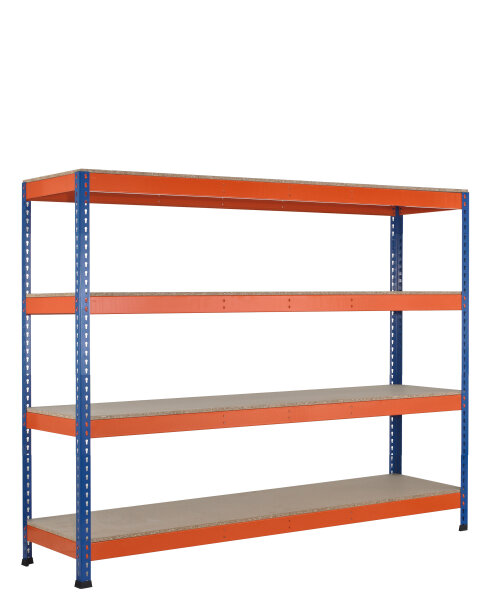 Schulte Lagertechnik Weitspannregal Z1 mit Spanplatten, blau/orange/verzinkt, 4 Ebenen